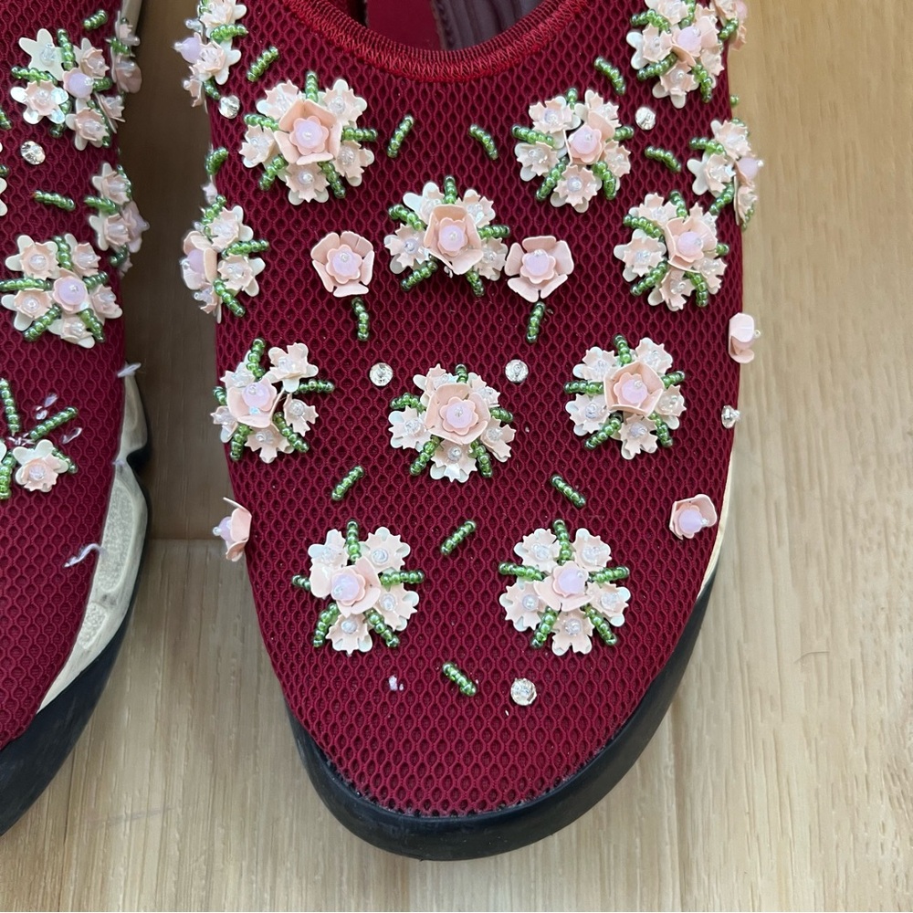Authentic Dior Burgundy Slip On Sneakers Beaded Floral Design Size 38.5 - Picture 3 of 10